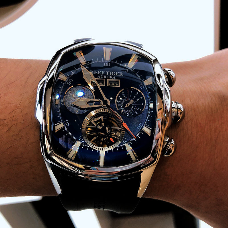 Reef Tiger AURORA メンズ腕時計 ブラック×ブルー Affordable Reef Tiger Aurora Tank Racing Best Black PVD