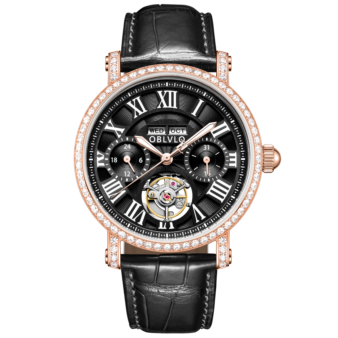 OBLVLO YM Black Dial & Rose Gold Luxury Multi-Function Tourbillon style Month/Week/Date Automatic Watches