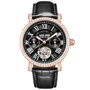 OBLVLO YM Black Dial & Rose Gold Luxury Multi-Function Tourbillon style Month/Week/Date Automatic Watches