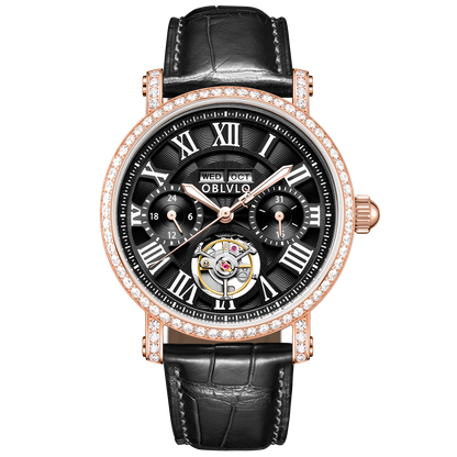 OBLVLO YM Black Dial & Rose Gold Luxury Multi-Function Tourbillon style Month/Week/Date Automatic Watches