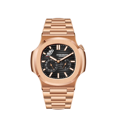Reef Tiger RGA2019 24-Hour Multi-Dial Automatic Watch - Black 44mm Dial & Rose Gold Sqaure Case Automatic Dress Watch for men