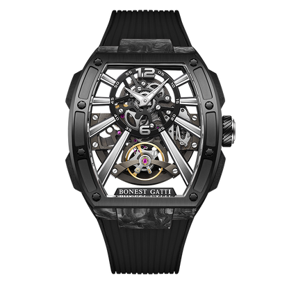 Bonest Gatti BG9950-A1 Mens Watches - Unique Automatic Skeleton Black Carbon Fiber Watch