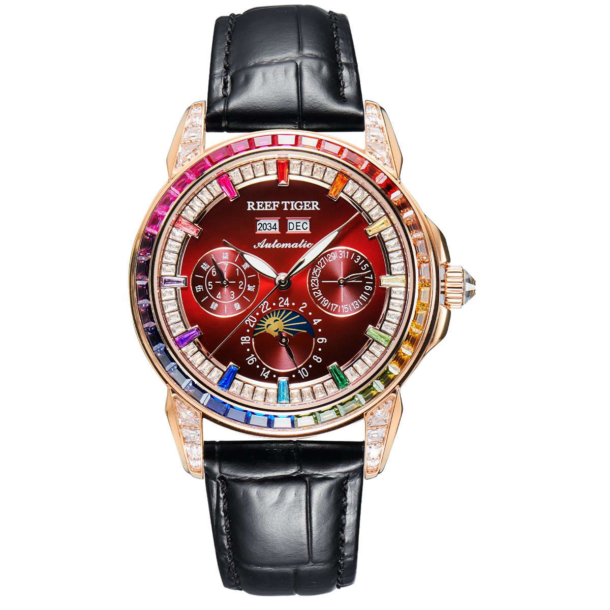 Rose Gold/Burgundy Red Dial Moonphase of Men 42mm Automatic Mechanical Watch - Rainbow Zirconia Bezel - Reef Tiger RGA1988