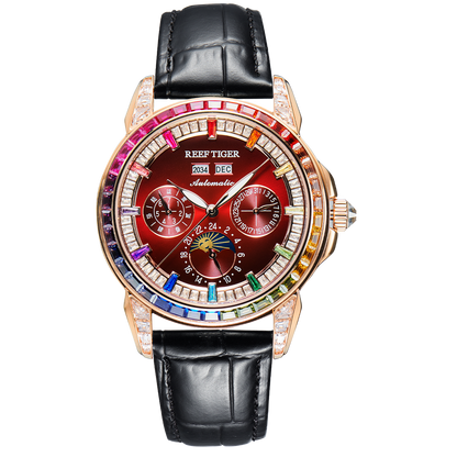 Rose Gold/Burgundy Red Dial Moonphase of Men 42mm Automatic Mechanical Watch - Rainbow Zirconia Bezel - Reef Tiger RGA1988