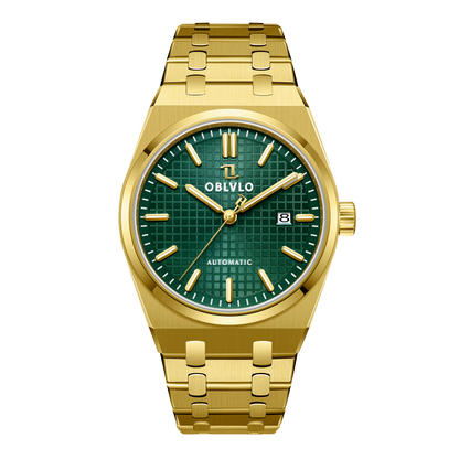 Affordable Luxury Yellow Gold Dress Automatic Watches Under $200 for Men - Royal Green OBLVLO TM-SIM