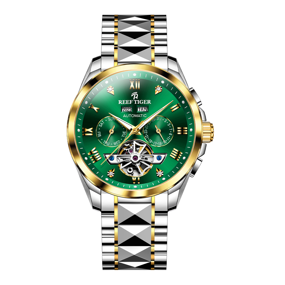 Yellow Gold Case / Green Day Date Automatic Tourbillon Style Dial Watches for Men - Reef Tiger RGA8235