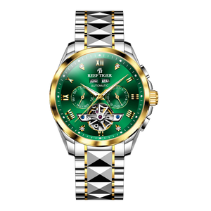 Yellow Gold Case / Green Day Date Automatic Tourbillon Style Dial Watches for Men - Reef Tiger RGA8235