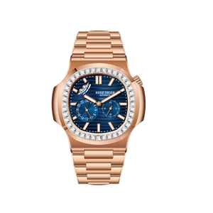 Reef Tiger RGA2019 44mm Mens Sport Multi-Dial Automatic Watch - Blue Dia & Rose Gold Sqaure Case Inlay zirconia