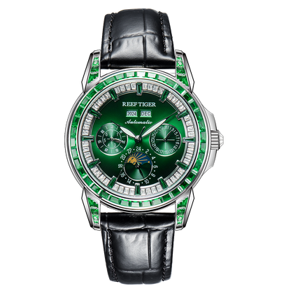 Affordable Luxury Classics Green Zirconia Automatic Multifunctional Mechanical Moon Phase Watch - Reef Tiger RGA1988