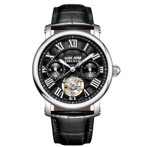OBLVLO YM Black Dial and Numerical Hour Markers Automatic Tourbillon Style Dress Watch with Zircon Bezel