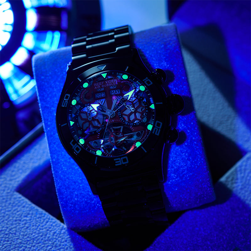 REEF TIGER  ブラック 時計 Reef Tiger Aurora Air Bubbles Black PVD Luxury Unique