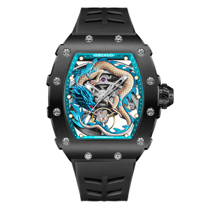 Cool Unique Black PVD Case & Blue Chinese Dragon Skeleton Watch - OBLVLO DRAGON Series