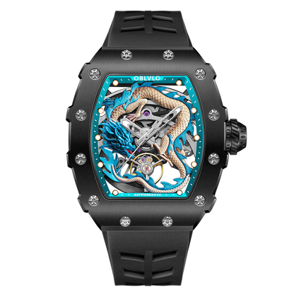 Cool Unique Black PVD Case & Blue Chinese Dragon Skeleton Watch - OBLVLO DRAGON Series