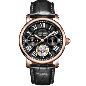 OBLVLO YM Black Dial & Rose Gold Luxury Multi-Function Tourbillon style Month/Week/Date Automatic Watches