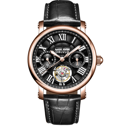OBLVLO YM Black Dial & Rose Gold Luxury Multi-Function Tourbillon style Month/Week/Date Automatic Watches