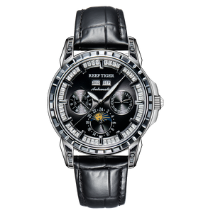 Men's Luxury Black Zirconia Bezel & Dial Multifunction Moon Phase Automatic Watch - Reef Tiger RGA1988