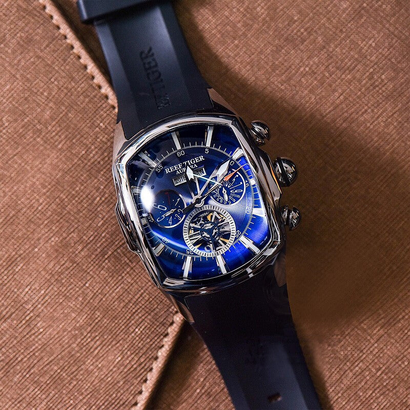 Reef Tiger AURORA メンズ腕時計 ブラック×ブルー Reef Tiger Classical Men Watches | Luxury Man Watches Reef
