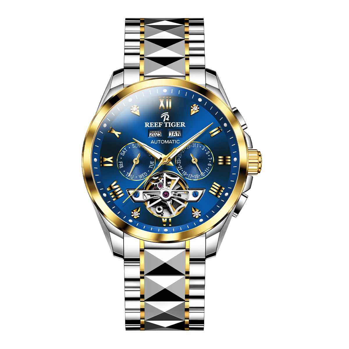 Affordable Luxury Yellow Gold Case & Blue Day Date Dial Automatic Watches - Reef Tiger RGA8235