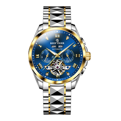 Affordable Luxury Yellow Gold Case & Blue Day Date Dial Automatic Watches - Reef Tiger RGA8235