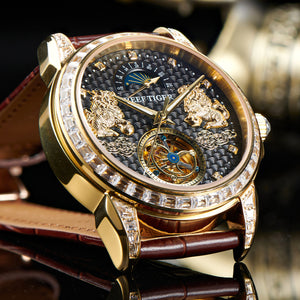 Reef Tiger RGA1935 - Affordable Luxury Yellow Gold/Diamond Mens Moon Phase Automatic Tourbillon Style Dial Dress Watches