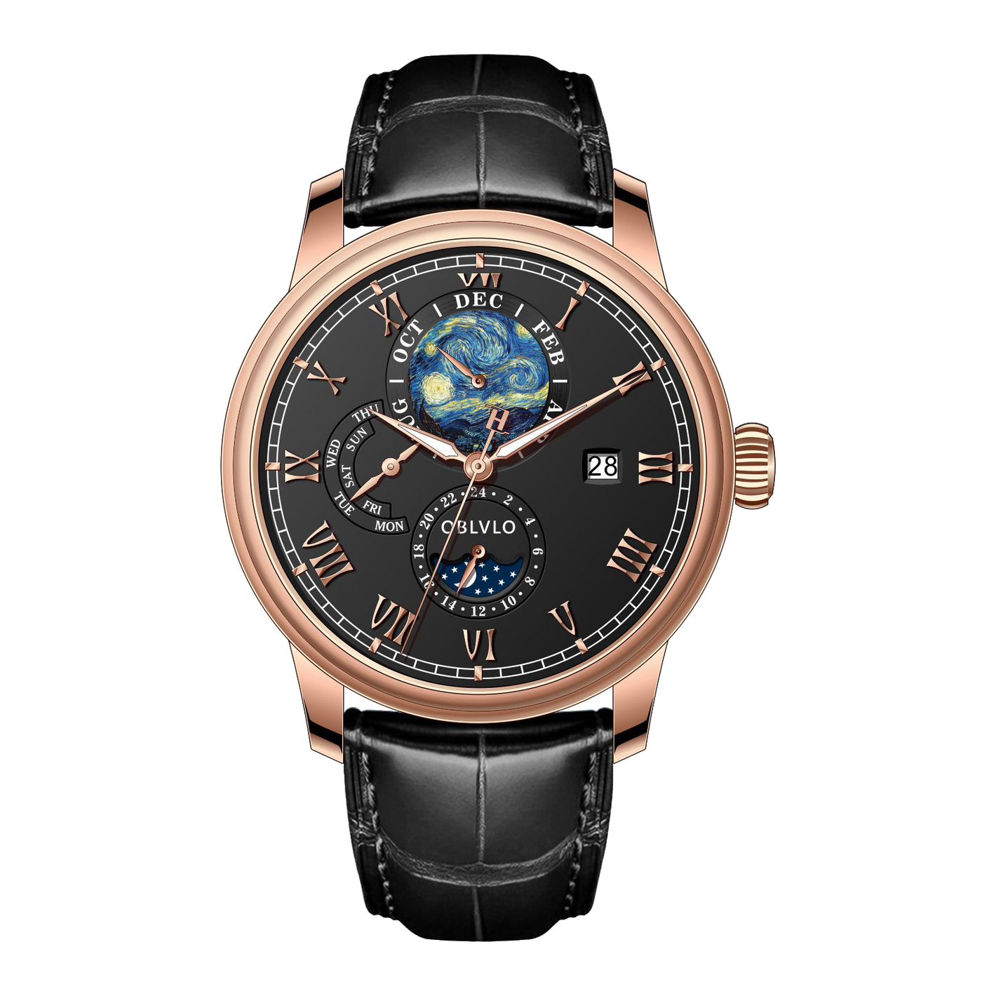 OBLVLO AM-FG Rose Gold 41mm Black Dial Multi-Function Month/Week/Date Luxury Dress Wrist Watch for Men