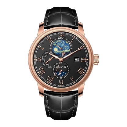 OBLVLO AM-FG Rose Gold 41mm Black Dial Multi-Function Month/Week/Date Luxury Dress Wrist Watch for Men