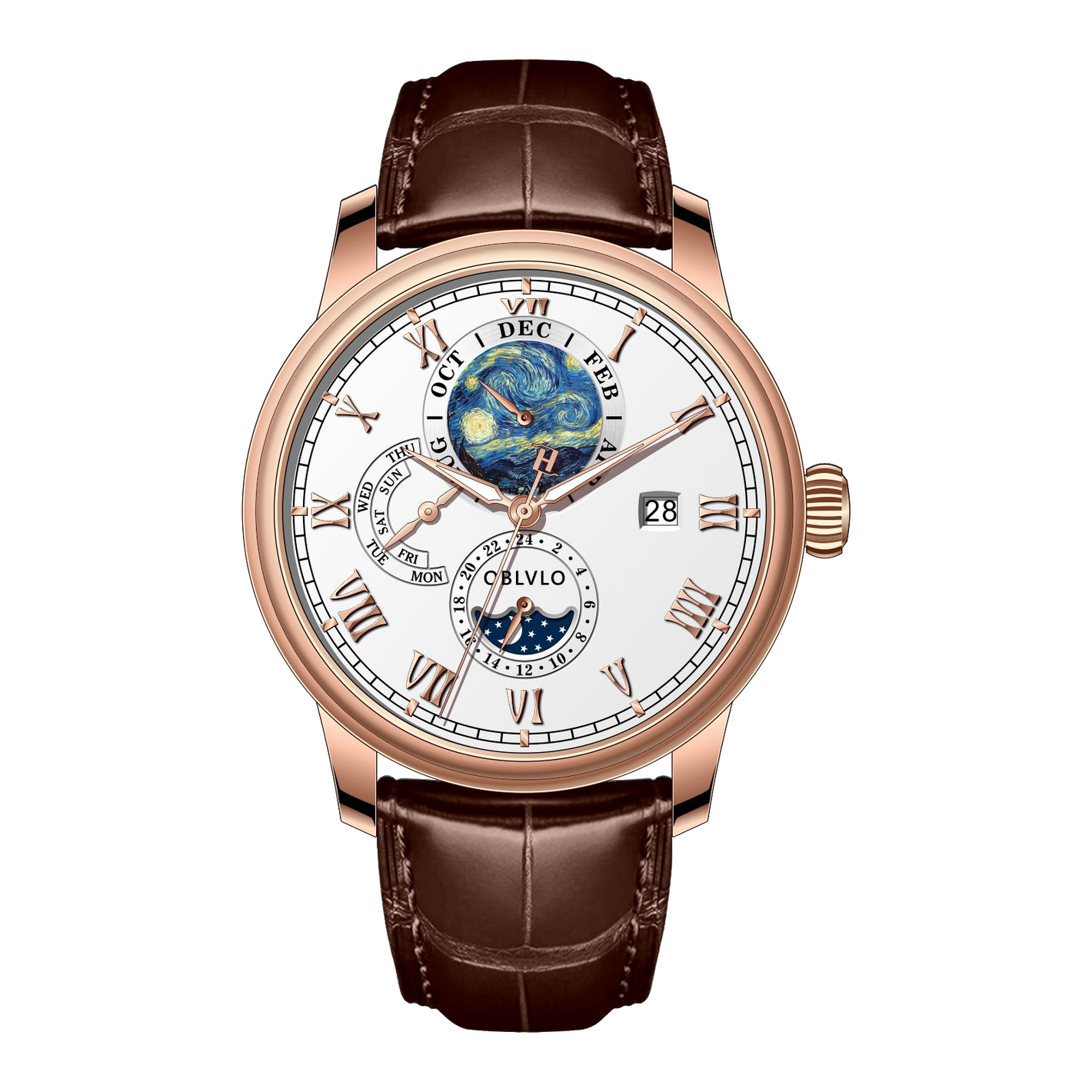 OBLVLO AM-FG Rose Gold 41mm White Multi-Function Dial Design - Week and Month and Date and 24 Hours Business Watches