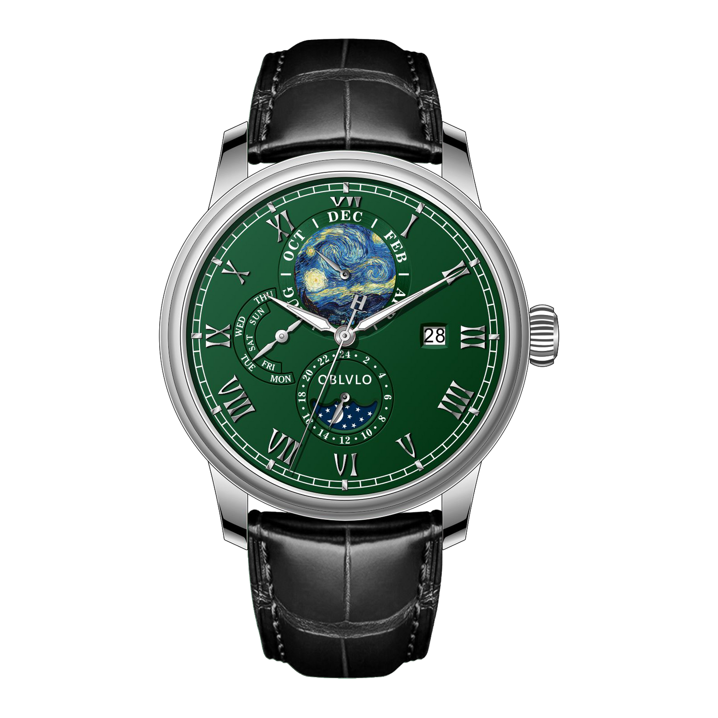 OBLVLO AM-FG Green Dial Watches for Men - Luxury Automatic Multi-Function Month/Week/Date Dress Watch