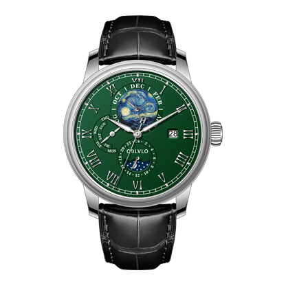 OBLVLO AM-FG Green Dial Watches for Men - Luxury Automatic Multi-Function Month/Week/Date Dress Watch