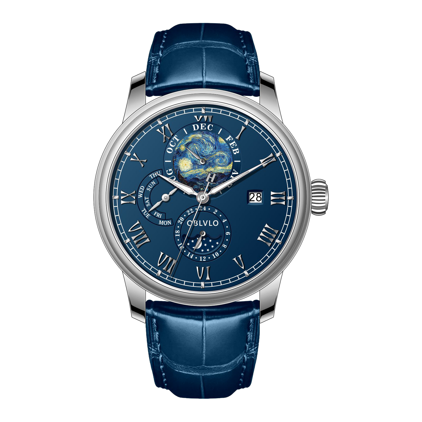 OBLVLO AM-FG Men's 41mm Automatic Watch - Luxury Blue Dial Moon Phase/Week/Date Dress Watch