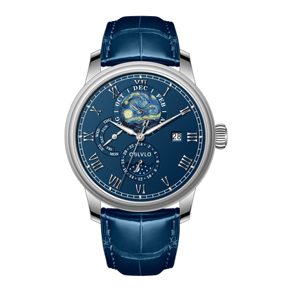 OBLVLO AM-FG Men's 41mm Automatic Watch - Luxury Blue Dial Moon Phase/Week/Date Dress Watch