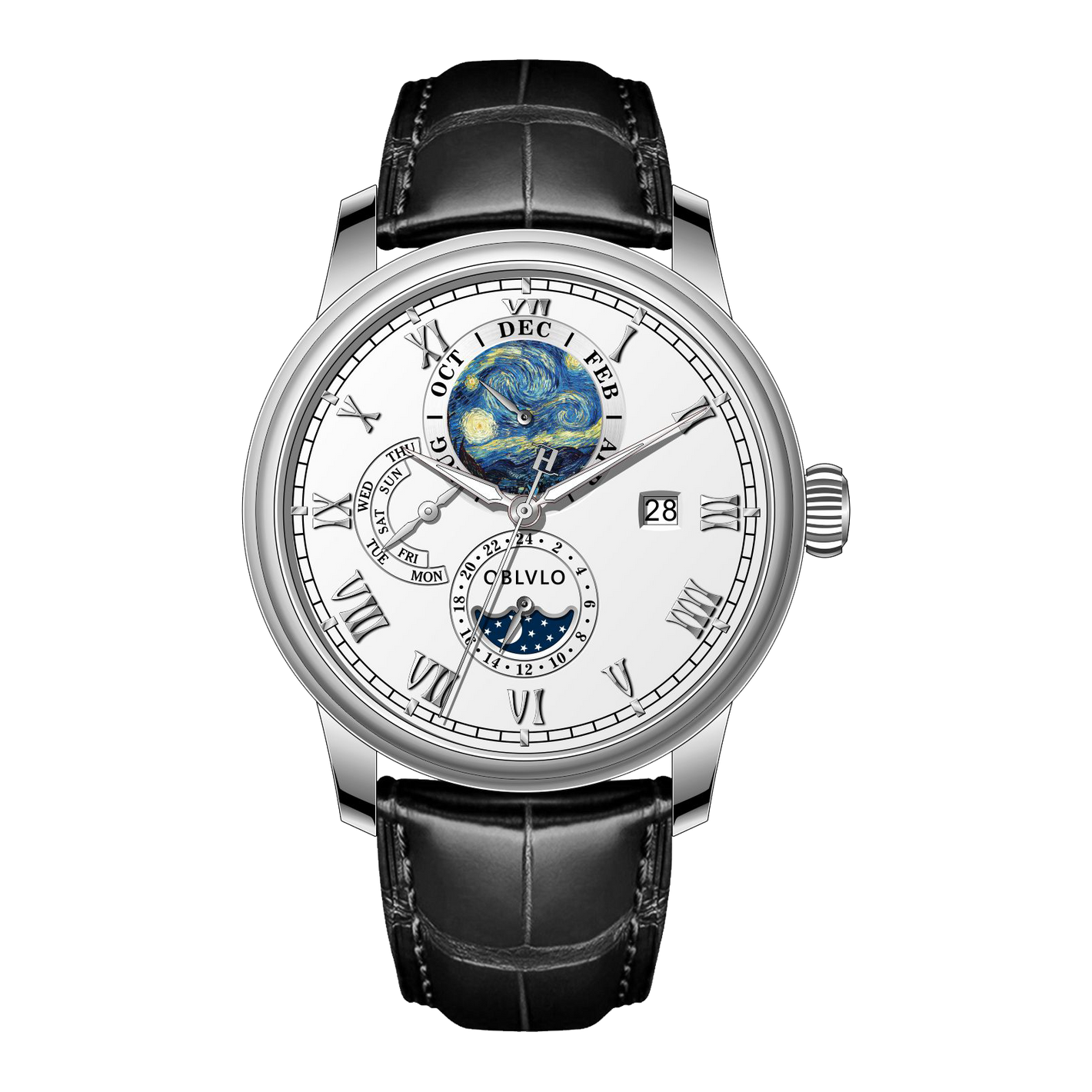 OBLVLO AM-FG 41mm White dial Men's Luxury Multi-Function Automatic Mechanical with Date Moon Phase Dress Watch