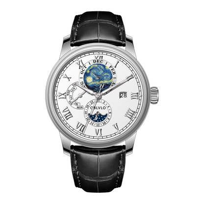OBLVLO AM-FG 41mm White dial Men's Luxury Multi-Function Automatic Mechanical with Date Moon Phase Dress Watch