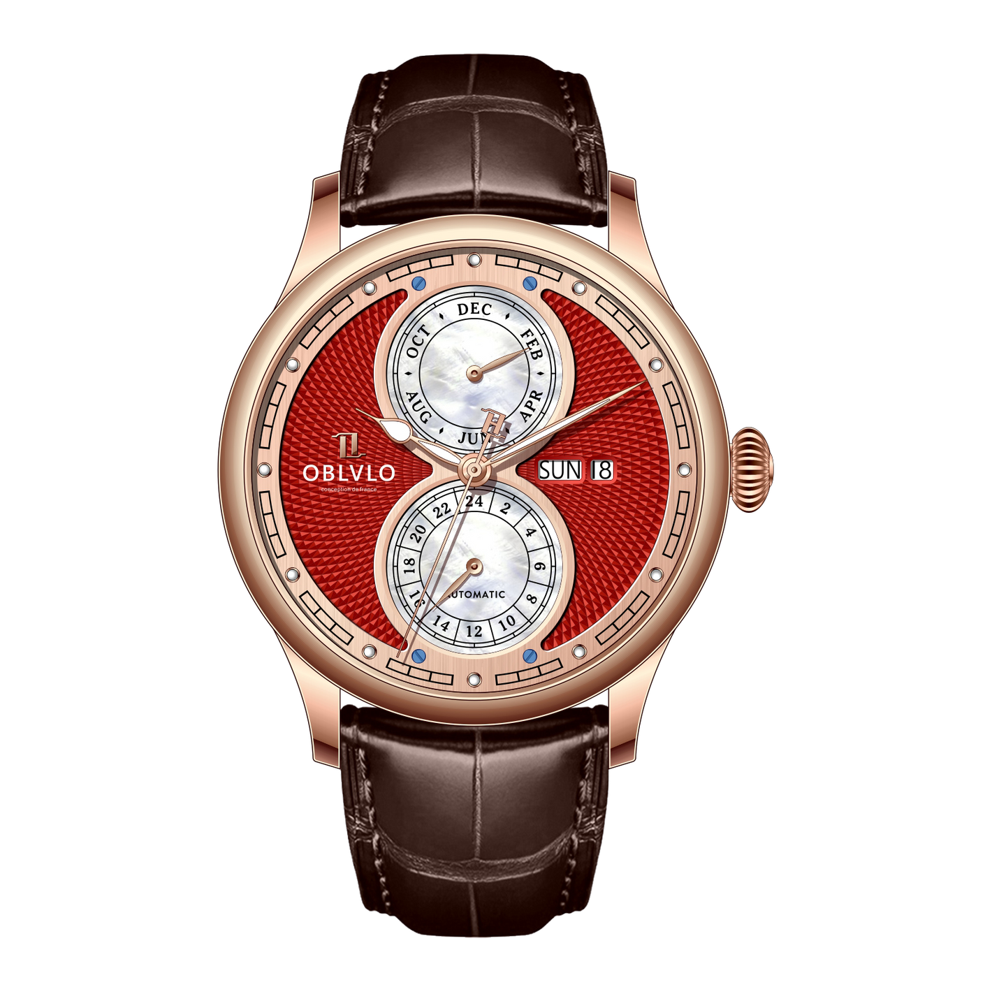 Affordable Rose Gold & Multifunction Two Eyes Mother of Pearl Subdial Automatic Mechanical Watch - OBLVLO AM Dress Watch