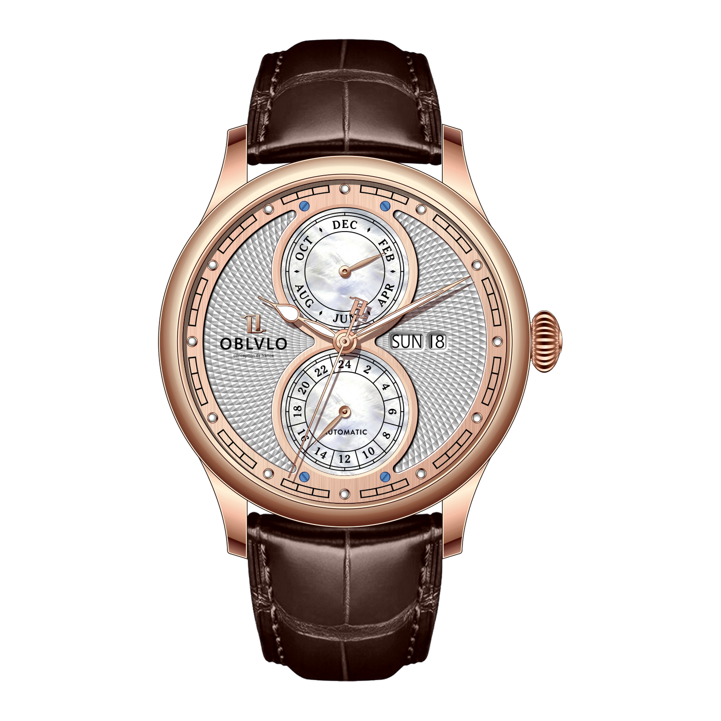 Affordable 42mm Rose Gold Two Eyes Mother of Pearl Subdial Automatic Watches - OBLVLO AM Vintage Dress Design Watch