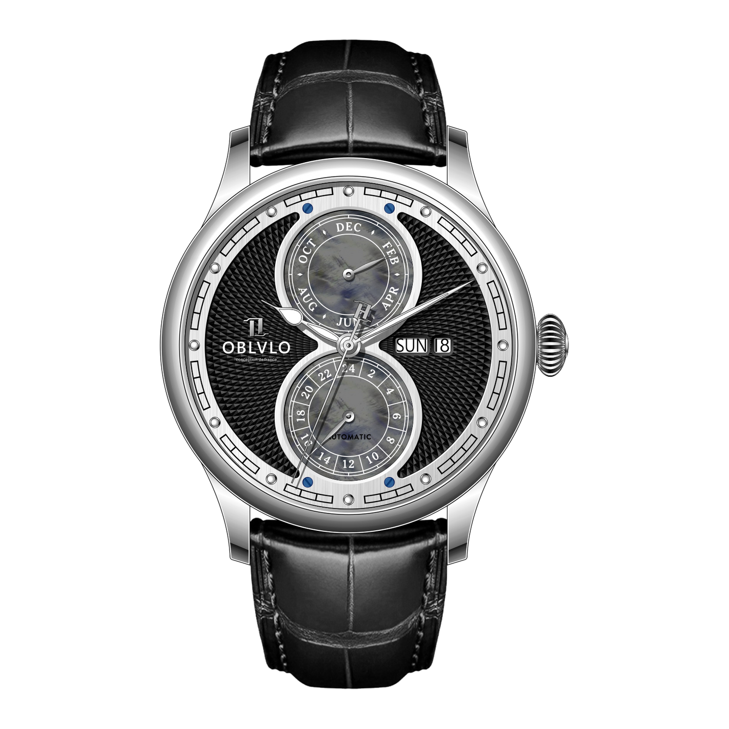 Best Affordable OBLVLO AM Series Black & Multifunction Two Eyes Mother of Pearl Subdial Dress Watch