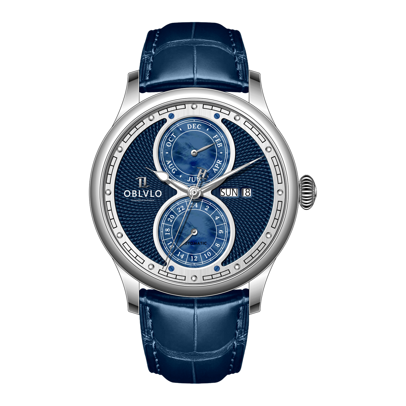 Luxury OBLVLO AM Series Mens Automatic Mechanical Blue Dial Dress Watch - Multifunction Two Eyes Mother of Pearl Subdial