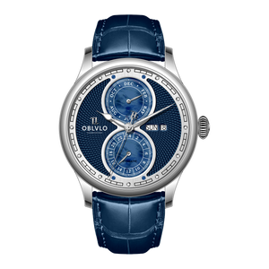Luxury OBLVLO AM Series Mens Automatic Mechanical Blue Dial Dress Watch - Multifunction Two Eyes Mother of Pearl Subdial