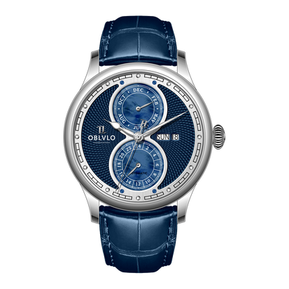 Luxury OBLVLO AM Series Mens Automatic Mechanical Blue Dial Dress Watch - Multifunction Two Eyes Mother of Pearl Subdial