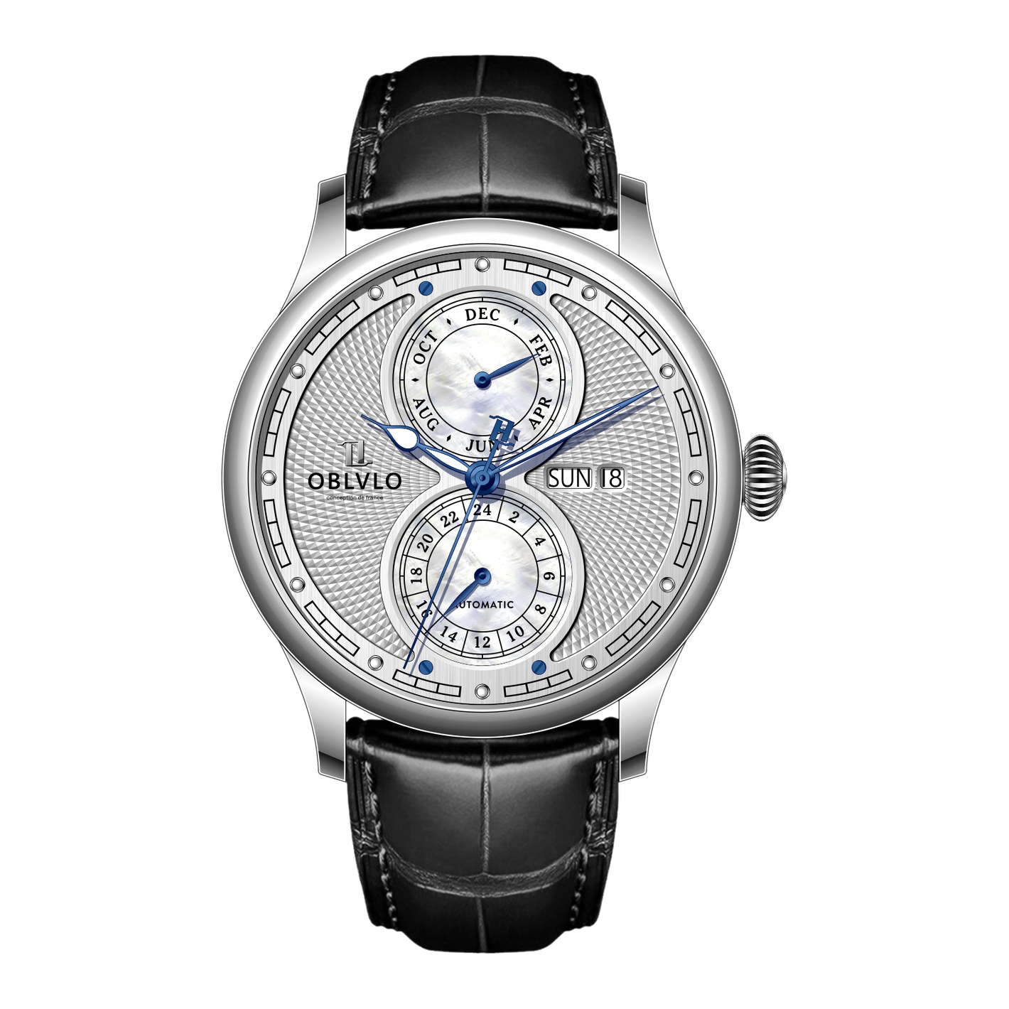 OBLVLO AM Vintage Dress Automatic Watches - White Dial & Multifunction Two Eyes Mother of Pearl Subdial Watch