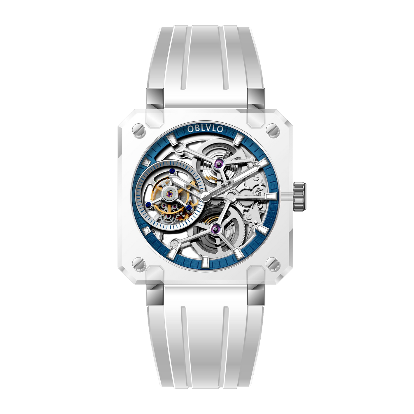 OBLVLO Full Sapphire Case Blue Tourbillon Skeleton Watch For Men - BR-TB-ILWR