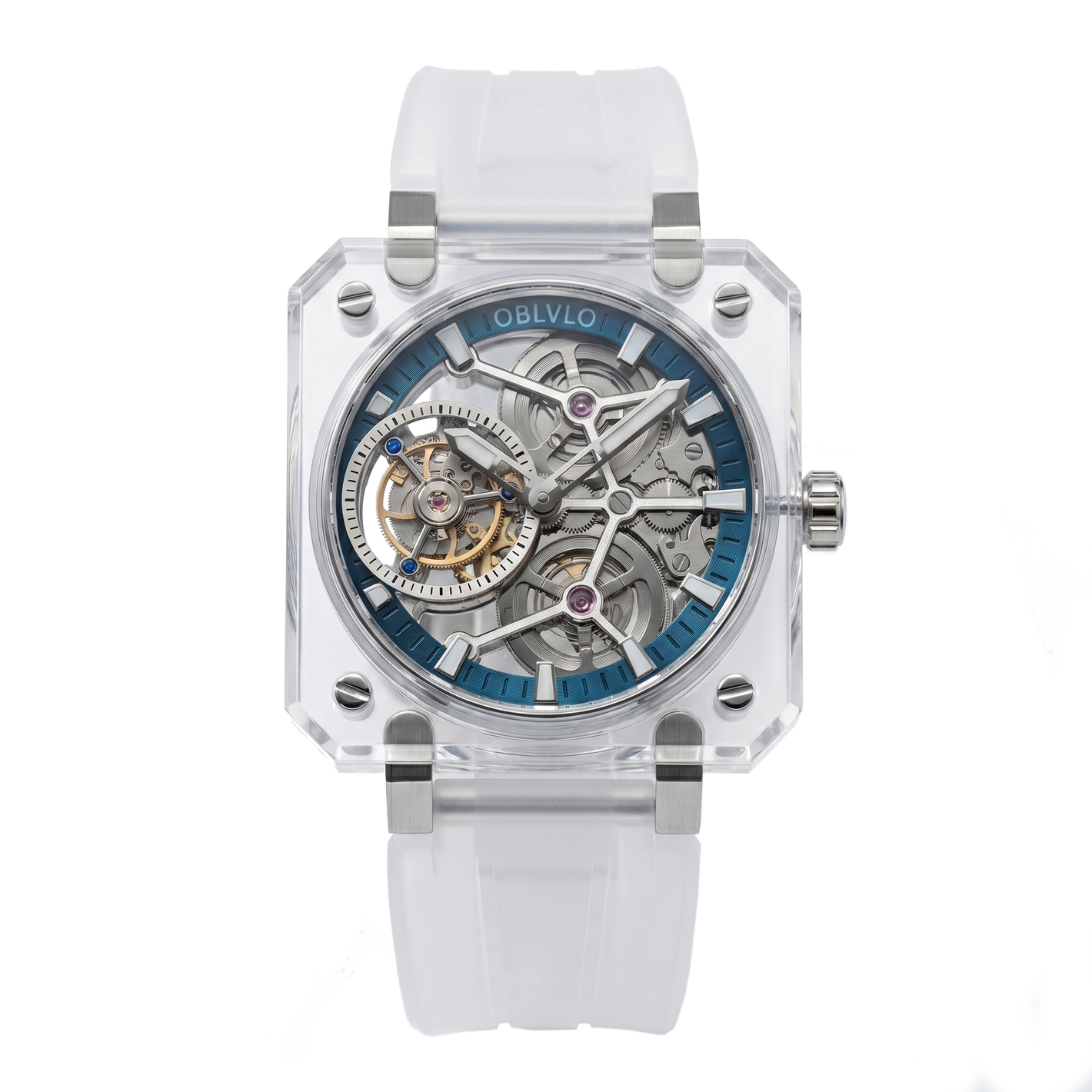 OBLVLO Full Sapphire Case Blue Tourbillon Skeleton Watch For Men - BR-TB-ILWR