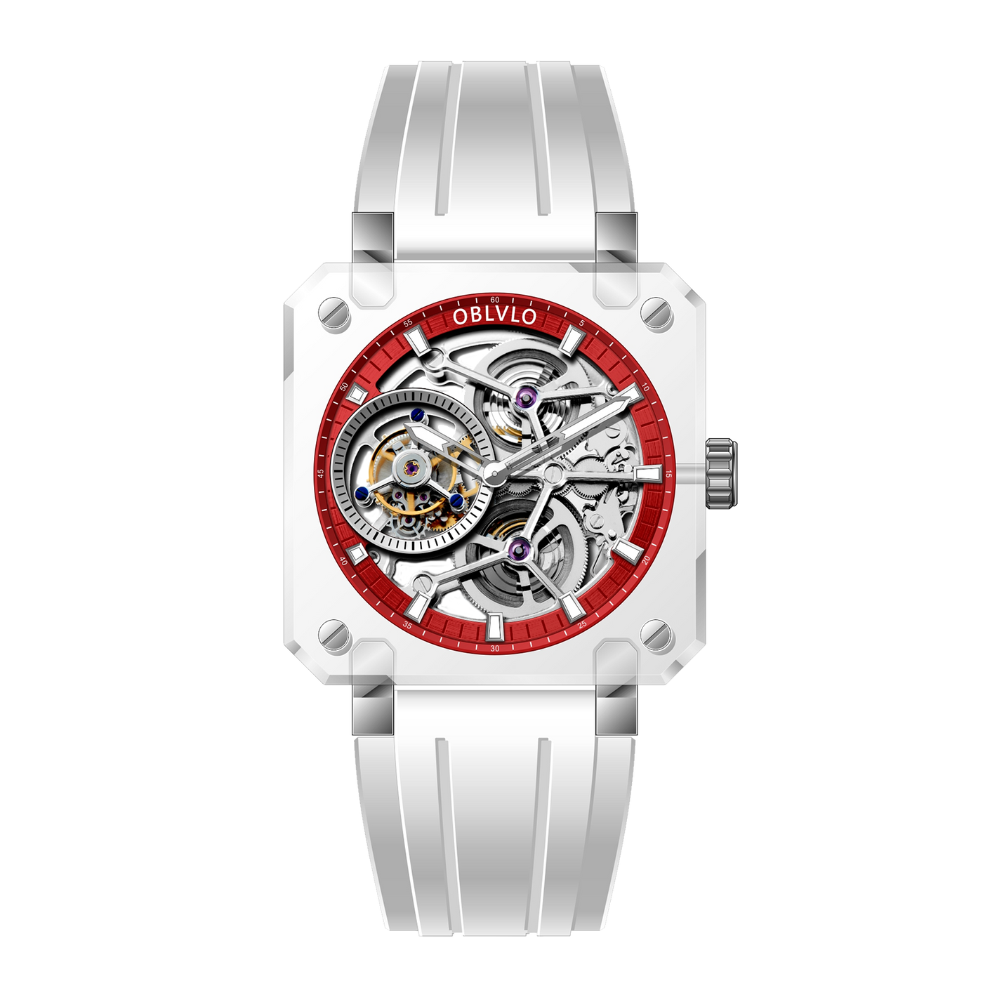 OBLVLO High Quality Full Sapphire Red Skeleton Tourbillon Mechanical Watch - BR-TB-IRWR