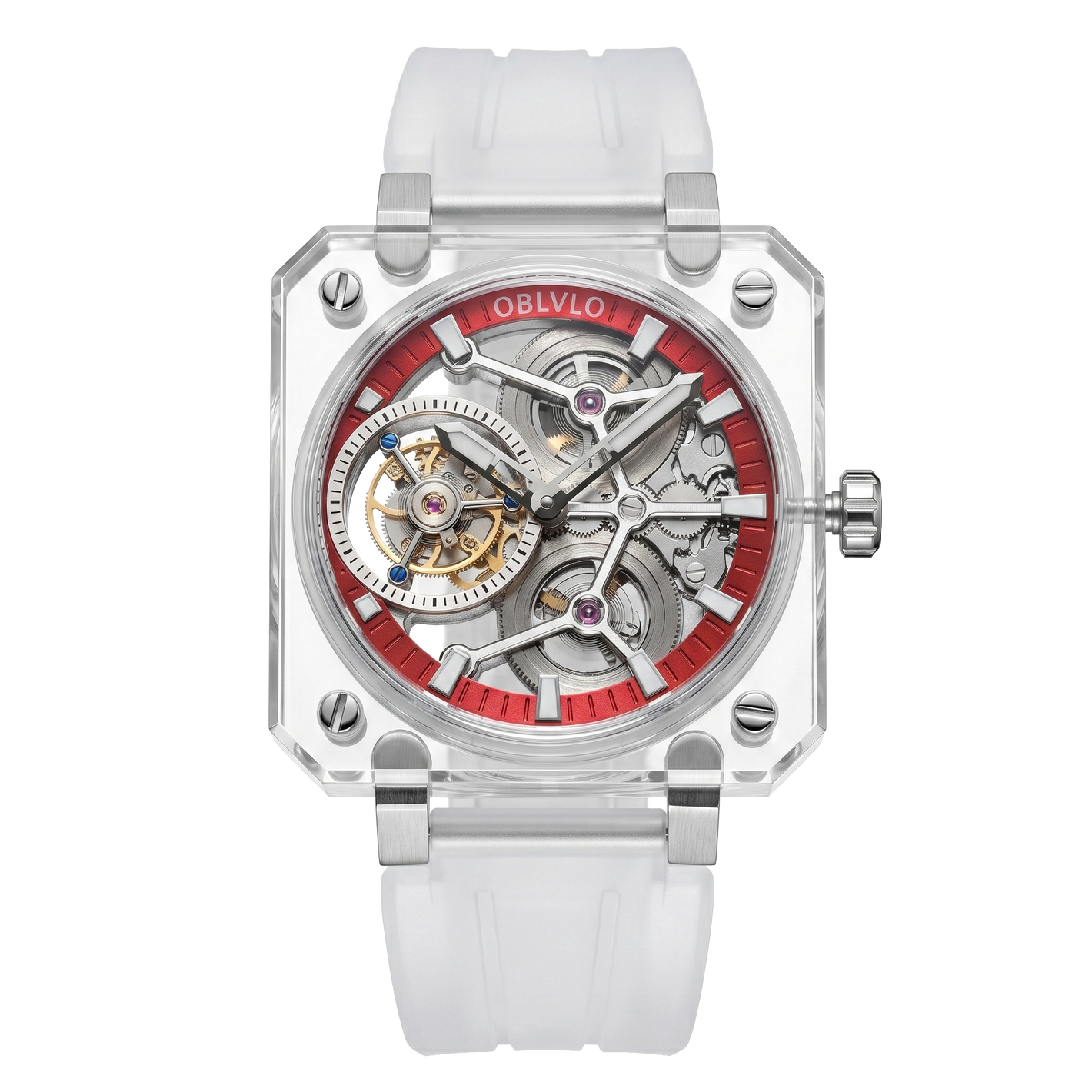 OBLVLO High Quality Full Sapphire Red Skeleton Tourbillon Mechanical Watch - BR-TB-IRWR