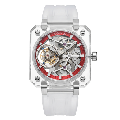 OBLVLO High Quality Full Sapphire Red Skeleton Tourbillon Mechanical Watch - BR-TB-IRWR