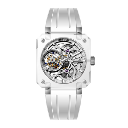 OBLVLO Full Sapphire Manual Winding Tourbillon Silver Dial Skeleton Watch For Men - BR-TB-IWWR
