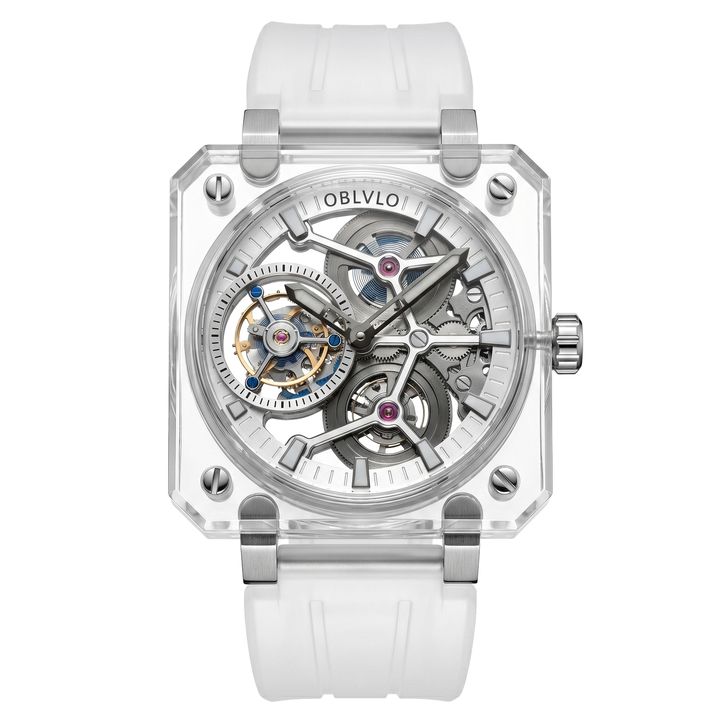 OBLVLO Full Sapphire Manual Winding Tourbillon Silver Dial Skeleton Watch For Men - BR-TB-IWWR