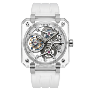 OBLVLO Full Sapphire Manual Winding Tourbillon Silver Dial Skeleton Watch For Men - BR-TB-IWWR
