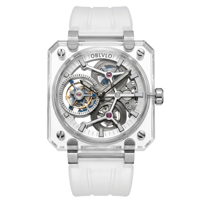 OBLVLO Full Sapphire Manual Winding Tourbillon Silver Dial Skeleton Watch For Men - BR-TB-IWWR
