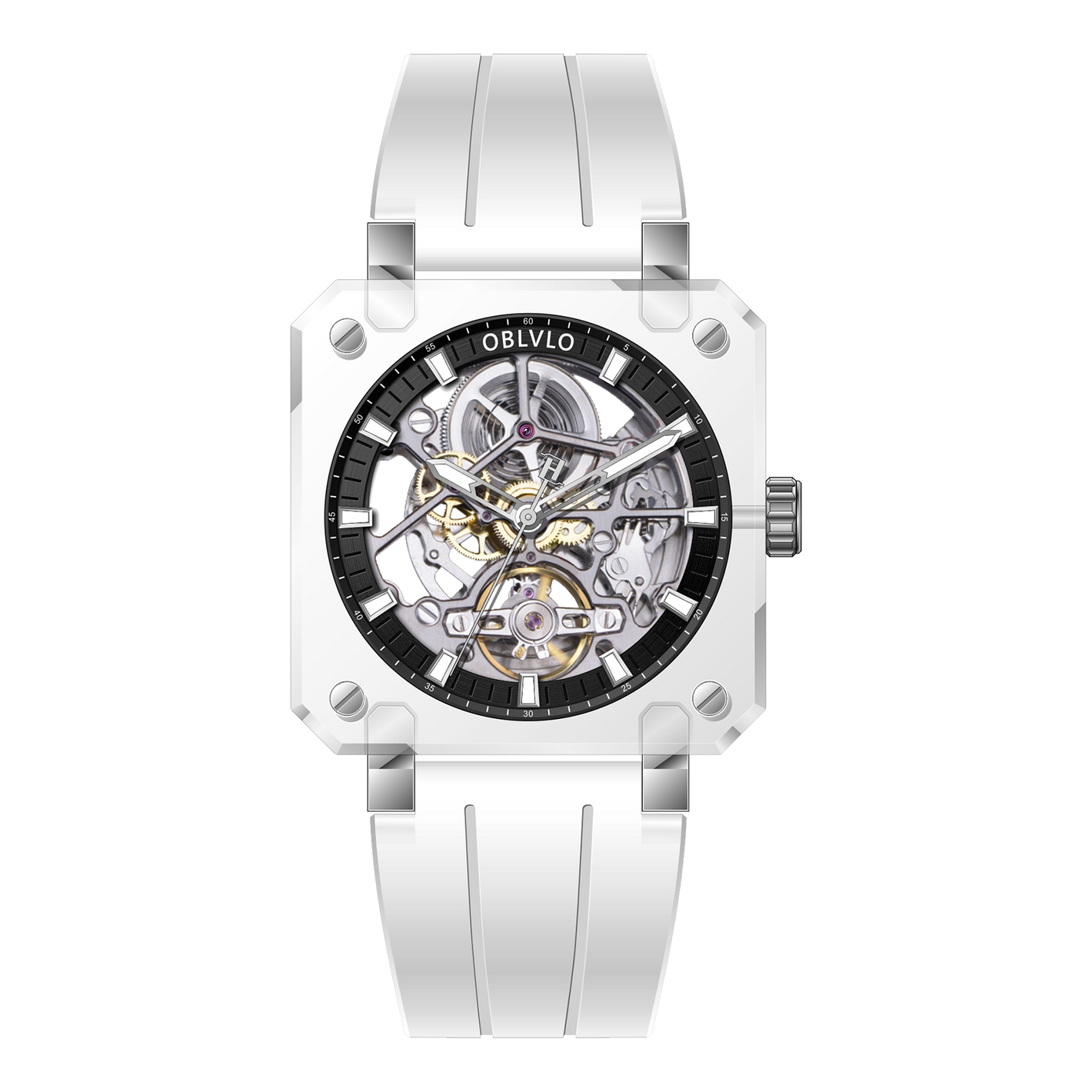 OBLVLO BRM Series - Black Dial & Full Sapphire Square Case Skeleton Mechanical Watch For Men's